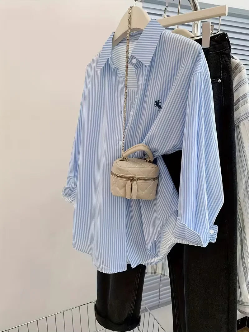 Blusa de manga larga para mujer, camisa informal de manga larga con botones frontales y estampado de caballero a rayas para mujer