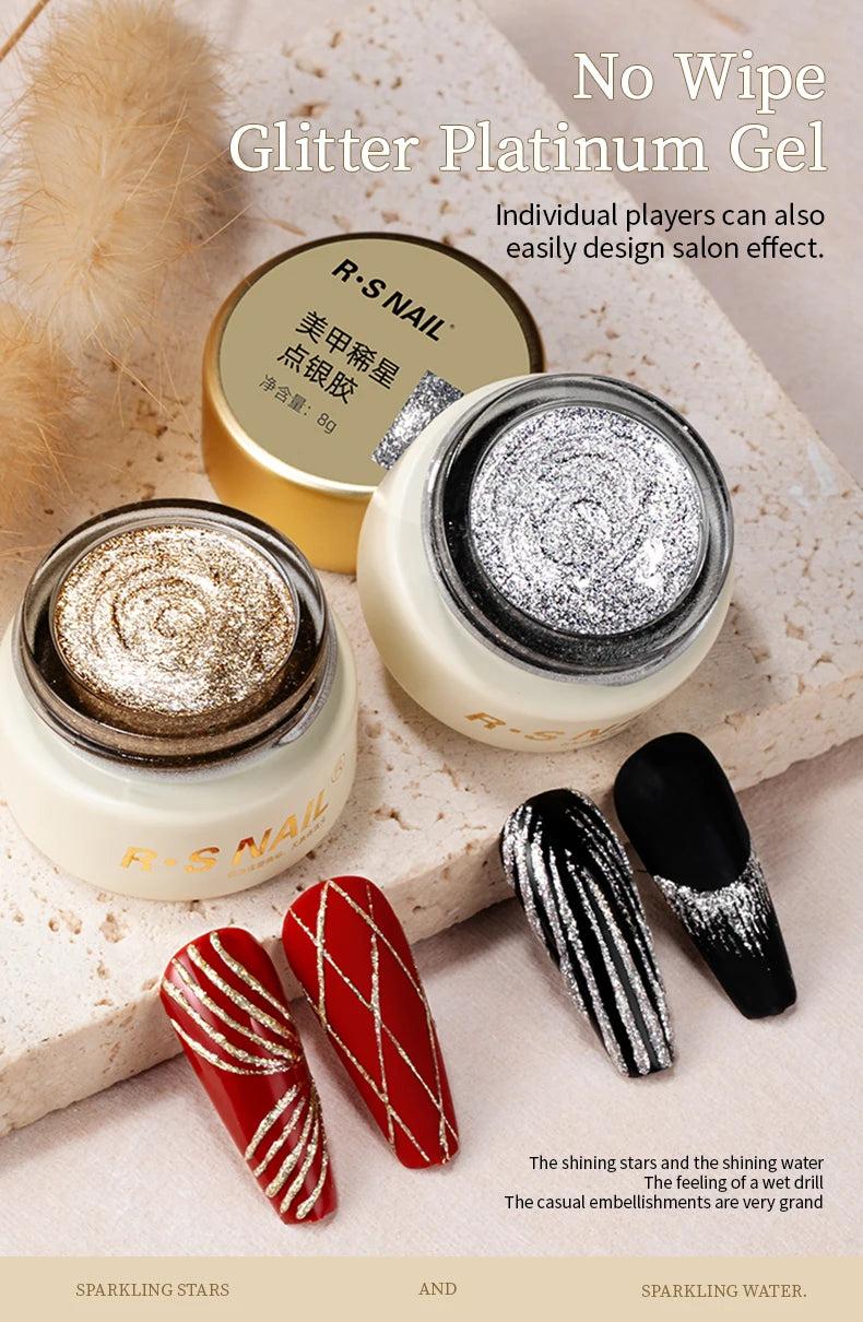 RSNAIL Esmalte de Uñas en Gel Platino Sin Capa Pegajosa 8g, Gel Metálico Brillante Dorado y Plateado para Delineado, Delineador para Dibujo Francés, Arte de Uñas DIY