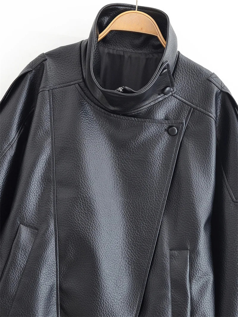 Chaqueta de Mujer Otoño 2026, Nueva Chaqueta Negra de Manga Larga de Cuero Sintético con Textura Granulada, Estilo Motociclista, a la Moda y con Personalidad