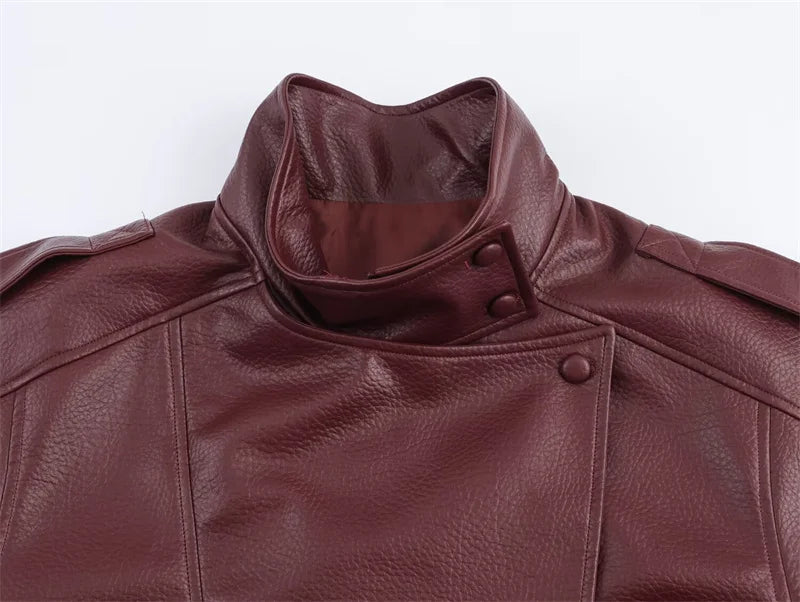 Chaqueta de Mujer Otoño 2026, Nueva Chaqueta Negra de Manga Larga de Cuero Sintético con Textura Granulada, Estilo Motociclista, a la Moda y con Personalidad