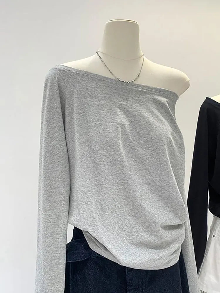 Camiseta de manga larga con hombros descubiertos para mujer, Top holgado Sexy con un hombro al descubierto, camisetas básicas informales, blusa Preppy escolar para primavera y otoño