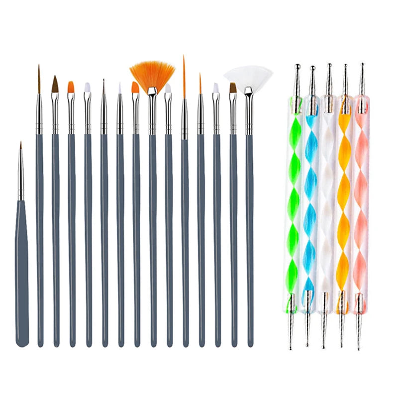 Juego de pinceles para decoración de uñas, 20/15 unidades, polvo líquido para manicura, tallado, esmalte de uñas en Gel UV, pluma de pintura, herramienta de construcción de extensión acrílica para uñas