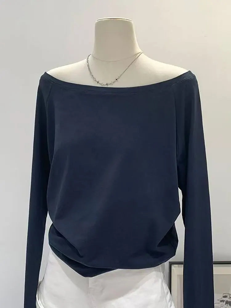 Camiseta de manga larga con hombros descubiertos para mujer, Top holgado Sexy con un hombro al descubierto, camisetas básicas informales, blusa Preppy escolar para primavera y otoño