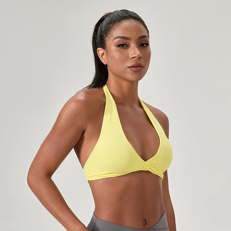 Sujetador deportivo de yoga para mujer, cuello halter con diseño de espalda elegante, sujetador de gimnasio sexy para correr, sujetadores deportivos de fitness