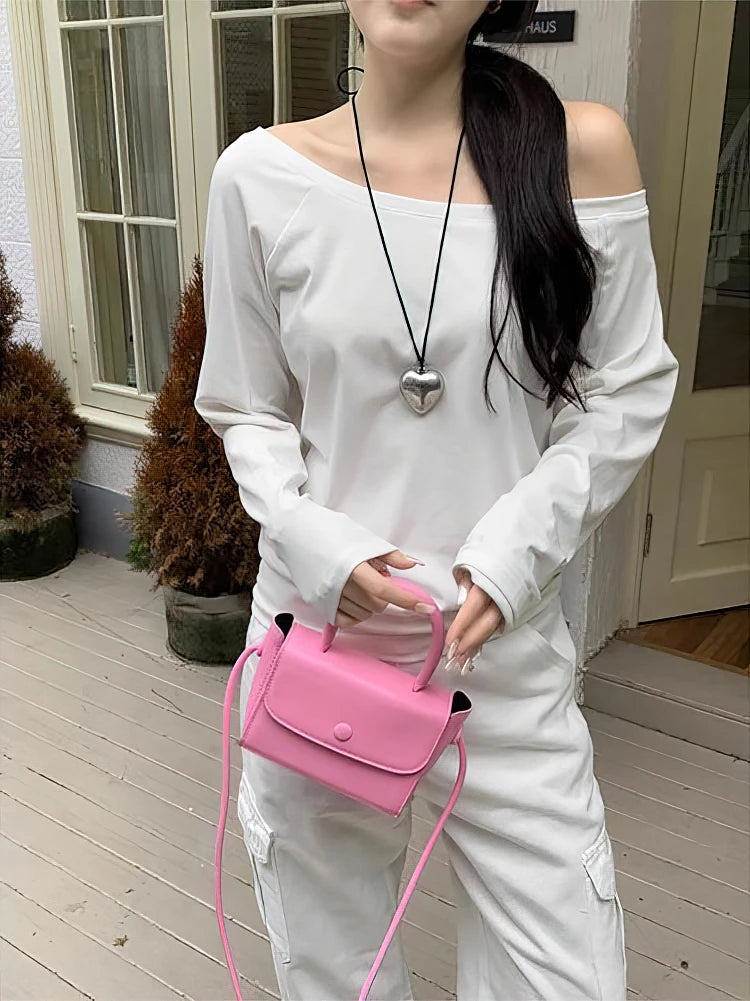 Camiseta de manga larga con hombros descubiertos para mujer, Top holgado Sexy con un hombro al descubierto, camisetas básicas informales, blusa Preppy escolar para primavera y otoño