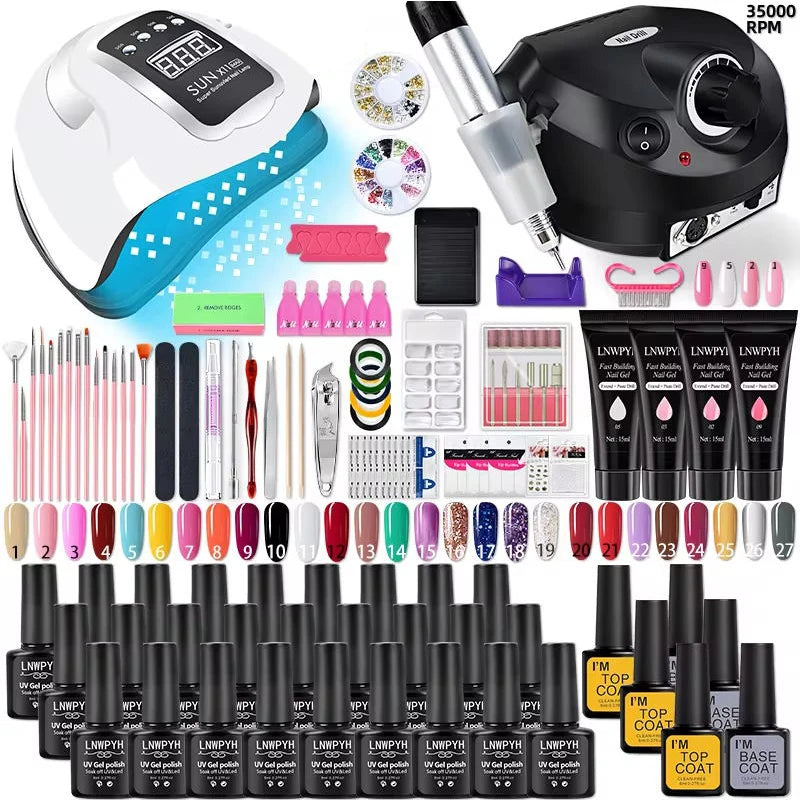 Kit de esmalte de uñas, Kit de uñas acrílico, juego de Gel de uñas de polietileno con lámpara de uñas, extensión de uñas, Gel de brillo, juego de herramientas de manicura de Gel de construcción UV