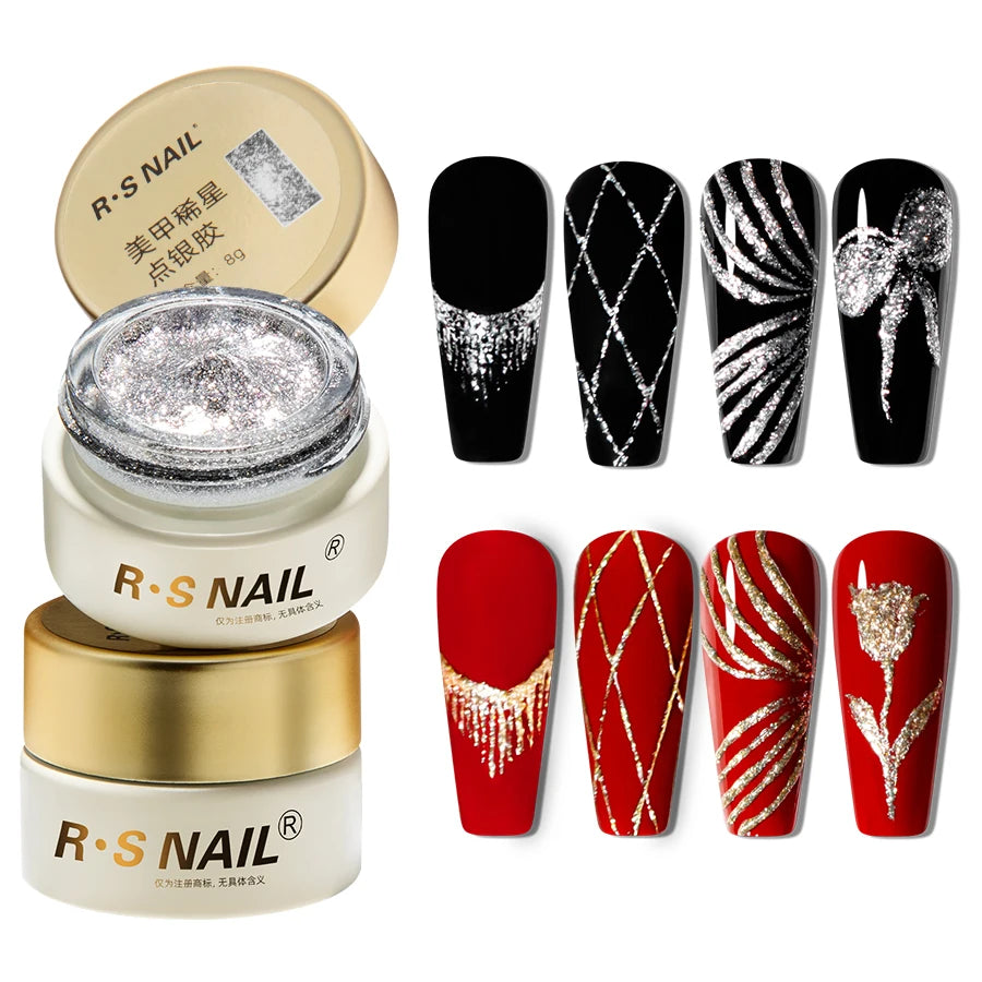 RSNAIL Esmalte de Uñas en Gel Platino Sin Capa Pegajosa 8g, Gel Metálico Brillante Dorado y Plateado para Delineado, Delineador para Dibujo Francés, Arte de Uñas DIY