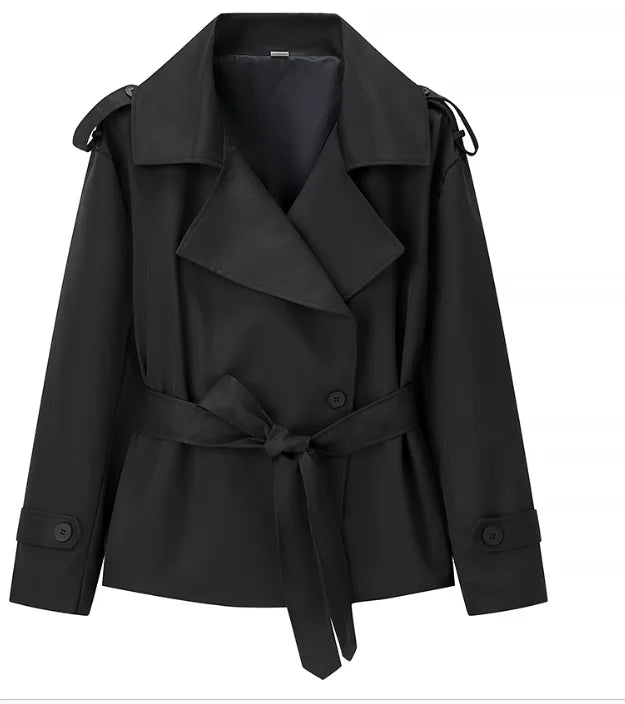 Gabardina lisa con cordones y solapa para mujer, abrigo corto holgado a la moda con mangas largas y hombros anchos, prendas de vestir para ir al trabajo de otoño 2025