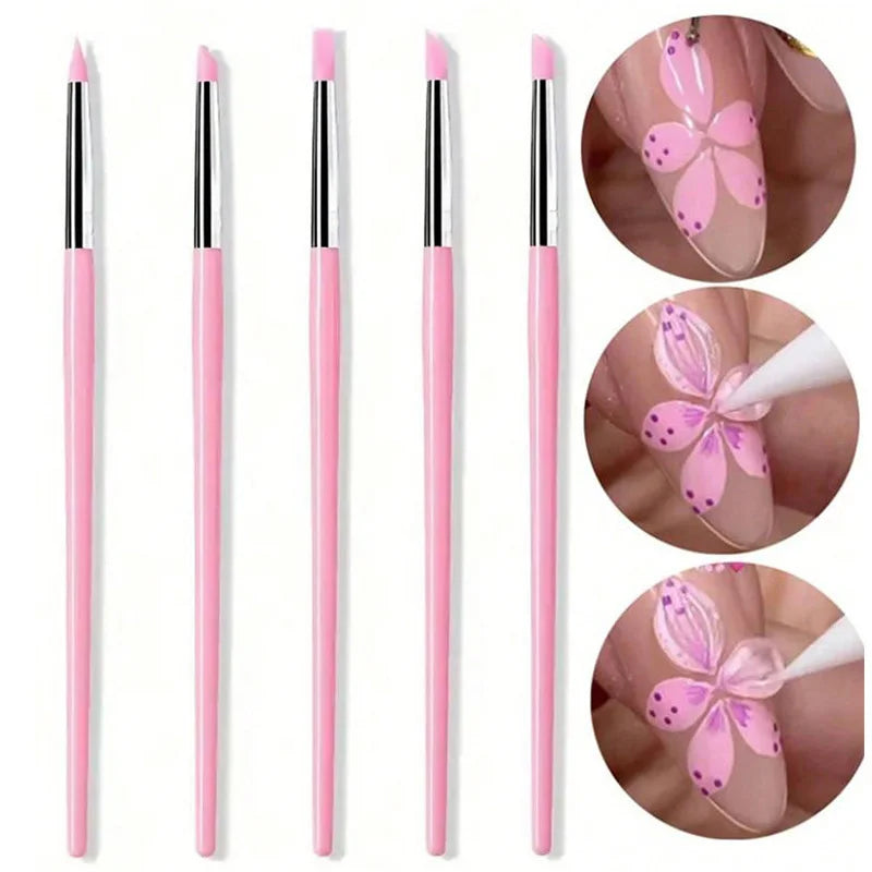 Juego de 5 Pinceles de Silicona para Uñas, Esmalte de Gel UV, Pincel para Puntos 3D, Herramientas Profesionales para Manicura DIY