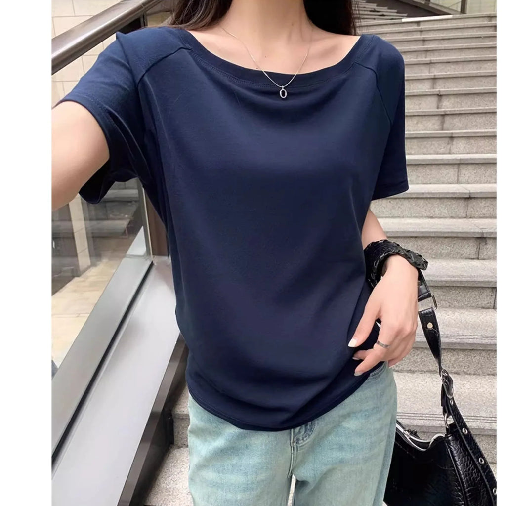 Otoño Invierno un hombro algodón manga larga hombro inclinado ropa de mujer estilo Interior ancho trufa hombro Base camisa