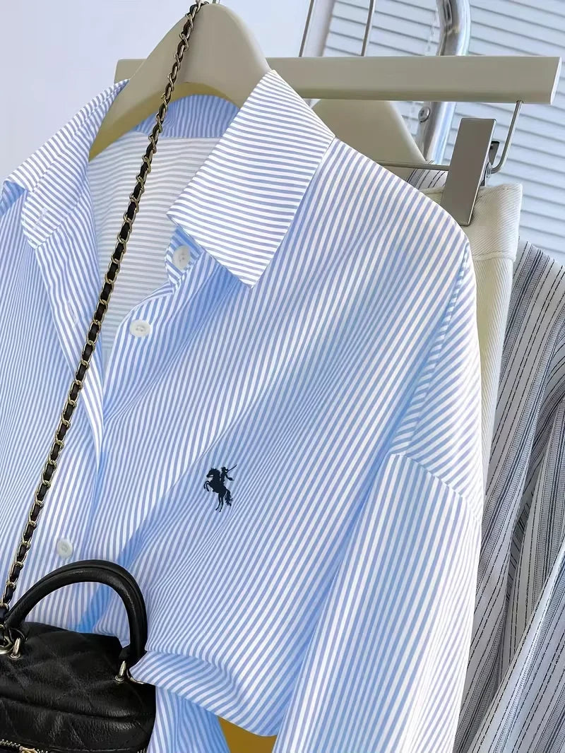 Blusa de manga larga para mujer, camisa informal de manga larga con botones frontales y estampado de caballero a rayas para mujer