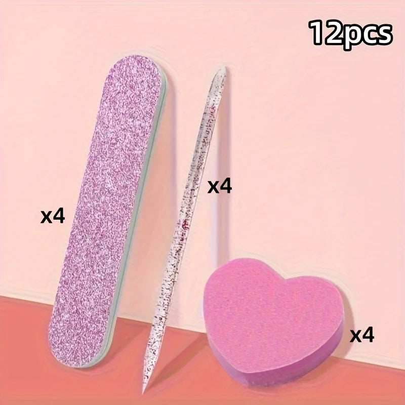 Set de 12 Piezas para el Cuidado de las Uñas con Brillo Rosa - Pulidor en Forma de Corazón, Varilla de Cristal y Lima de Doble Cara para Arte de Uñas y Pedicura