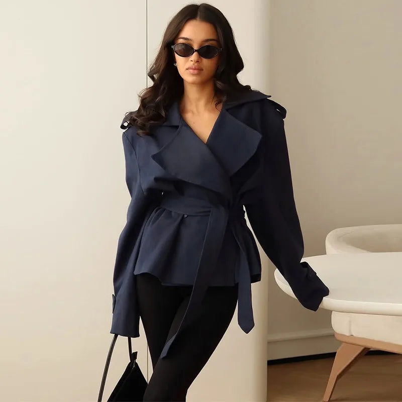 F nueva moda gabardina recortada con cordones para mujer solapa manga larga chaqueta cortavientos con hombros anchos chaquetas diarias para ir al trabajo en otoño