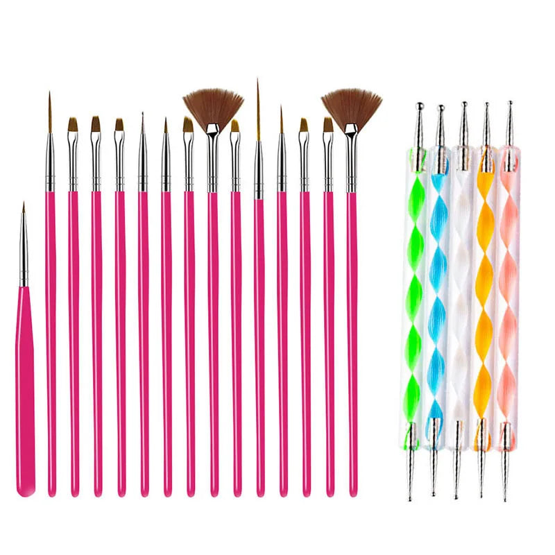 Juego de pinceles para decoración de uñas, 20/15 unidades, polvo líquido para manicura, tallado, esmalte de uñas en Gel UV, pluma de pintura, herramienta de construcción de extensión acrílica para uñas