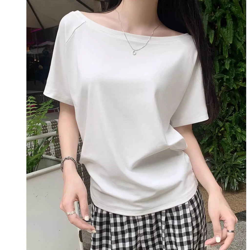 Otoño Invierno un hombro algodón manga larga hombro inclinado ropa de mujer estilo Interior ancho trufa hombro Base camisa