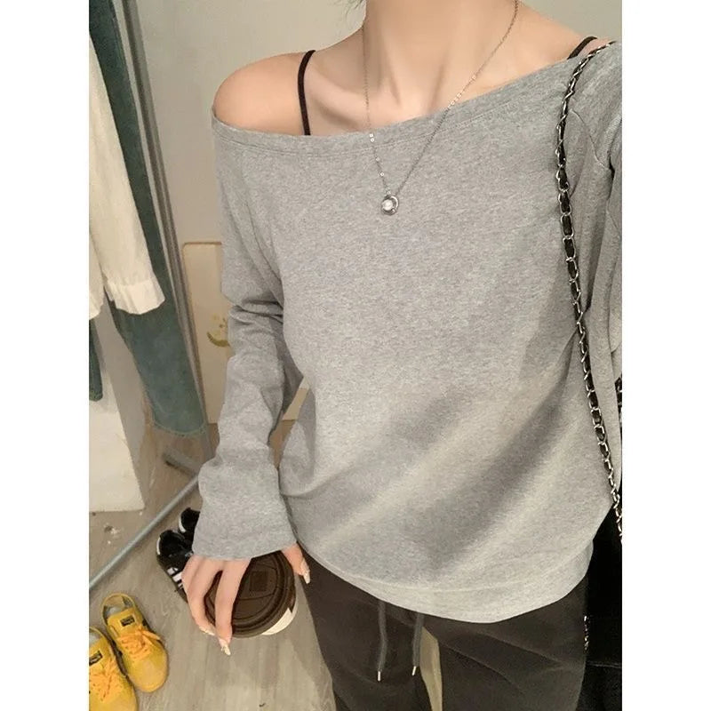 Otoño Invierno un hombro algodón manga larga hombro inclinado ropa de mujer estilo Interior ancho trufa hombro Base camisa