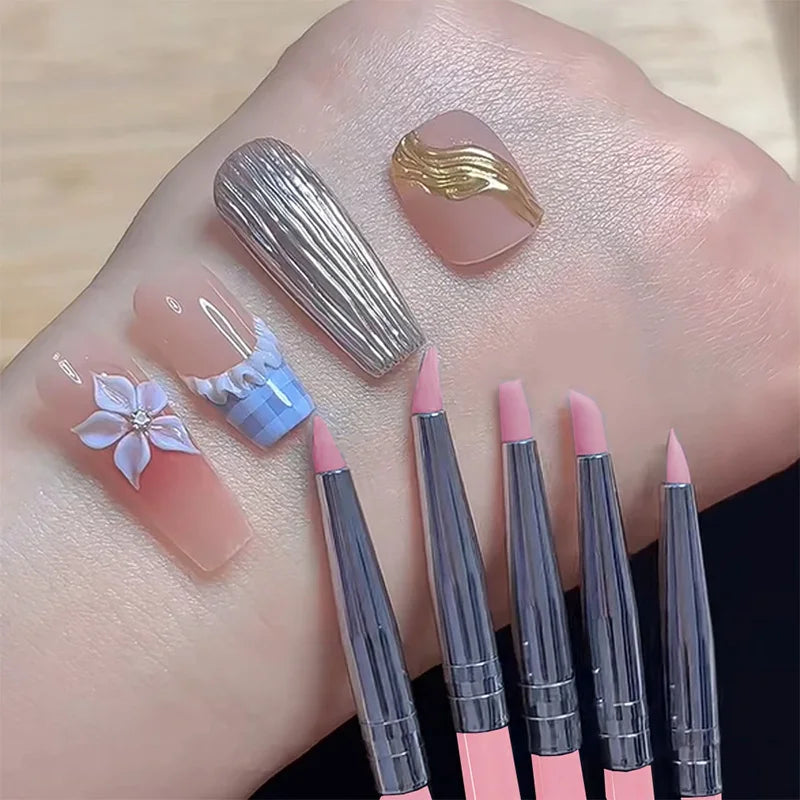 Juego de 5 Pinceles de Silicona para Uñas, Esmalte de Gel UV, Pincel para Puntos 3D, Herramientas Profesionales para Manicura DIY