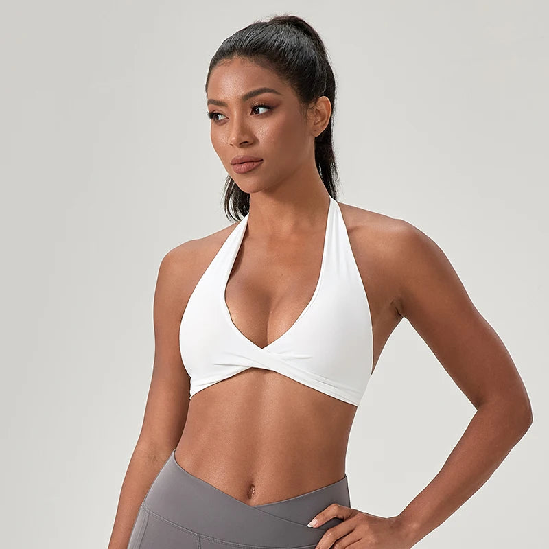 Sujetador deportivo de yoga para mujer, cuello halter con diseño de espalda elegante, sujetador de gimnasio sexy para correr, sujetadores deportivos de fitness
