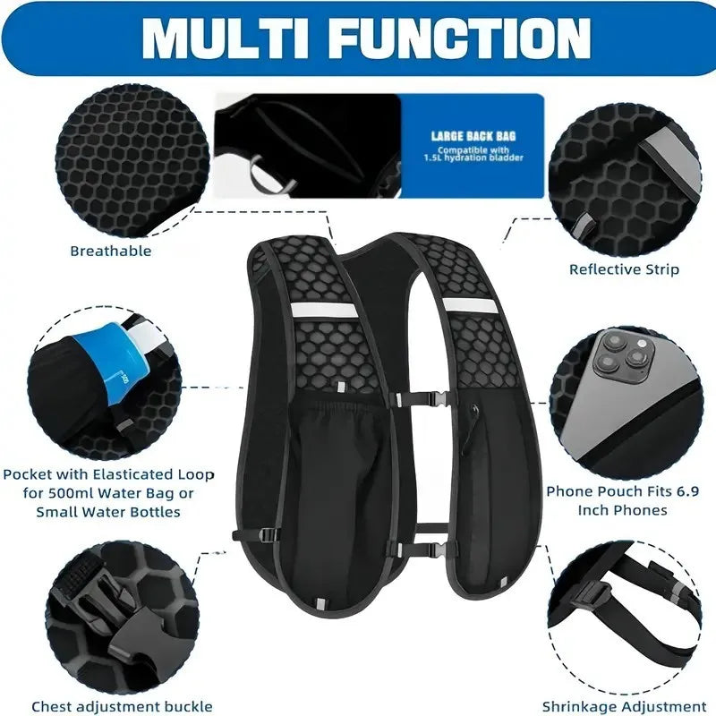 Chaleco para Correr, Mochila para Correr con Botella de Agua, Ligero, Transpirable, Bolsillos Extra Grandes, Paquetes de Hidratación para Mujeres y Hombres
