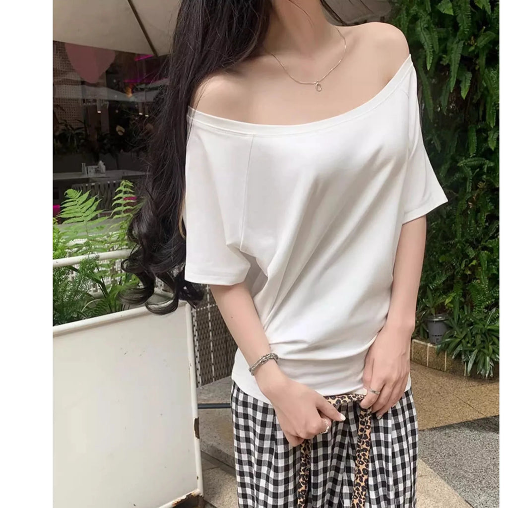 Otoño Invierno un hombro algodón manga larga hombro inclinado ropa de mujer estilo Interior ancho trufa hombro Base camisa