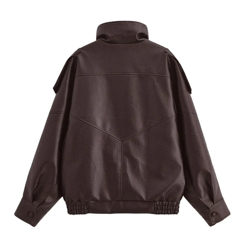 Chaqueta de Mujer Otoño 2026, Nueva Chaqueta Negra de Manga Larga de Cuero Sintético con Textura Granulada, Estilo Motociclista, a la Moda y con Personalidad