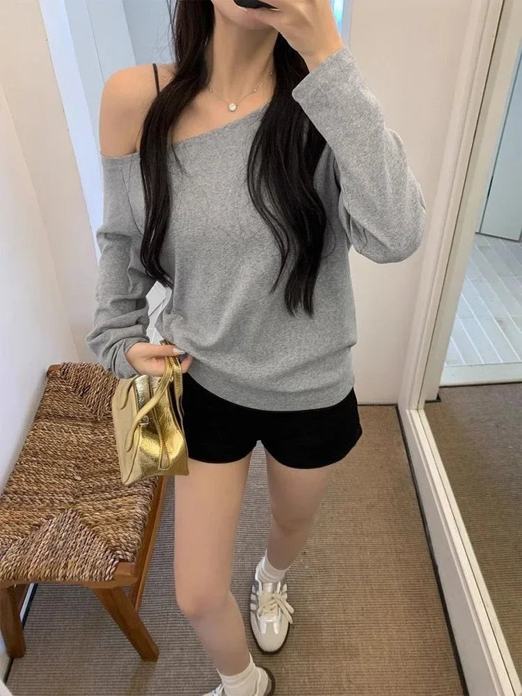 Otoño Invierno un hombro algodón manga larga hombro inclinado ropa de mujer estilo Interior ancho trufa hombro Base camisa