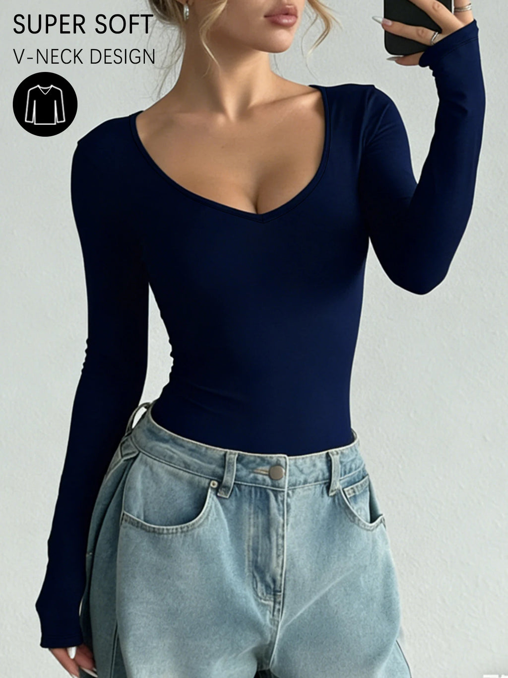 Camiseta de manga larga para mujer, cuello en V súper suave y muy elástico, ajuste para todas las estaciones