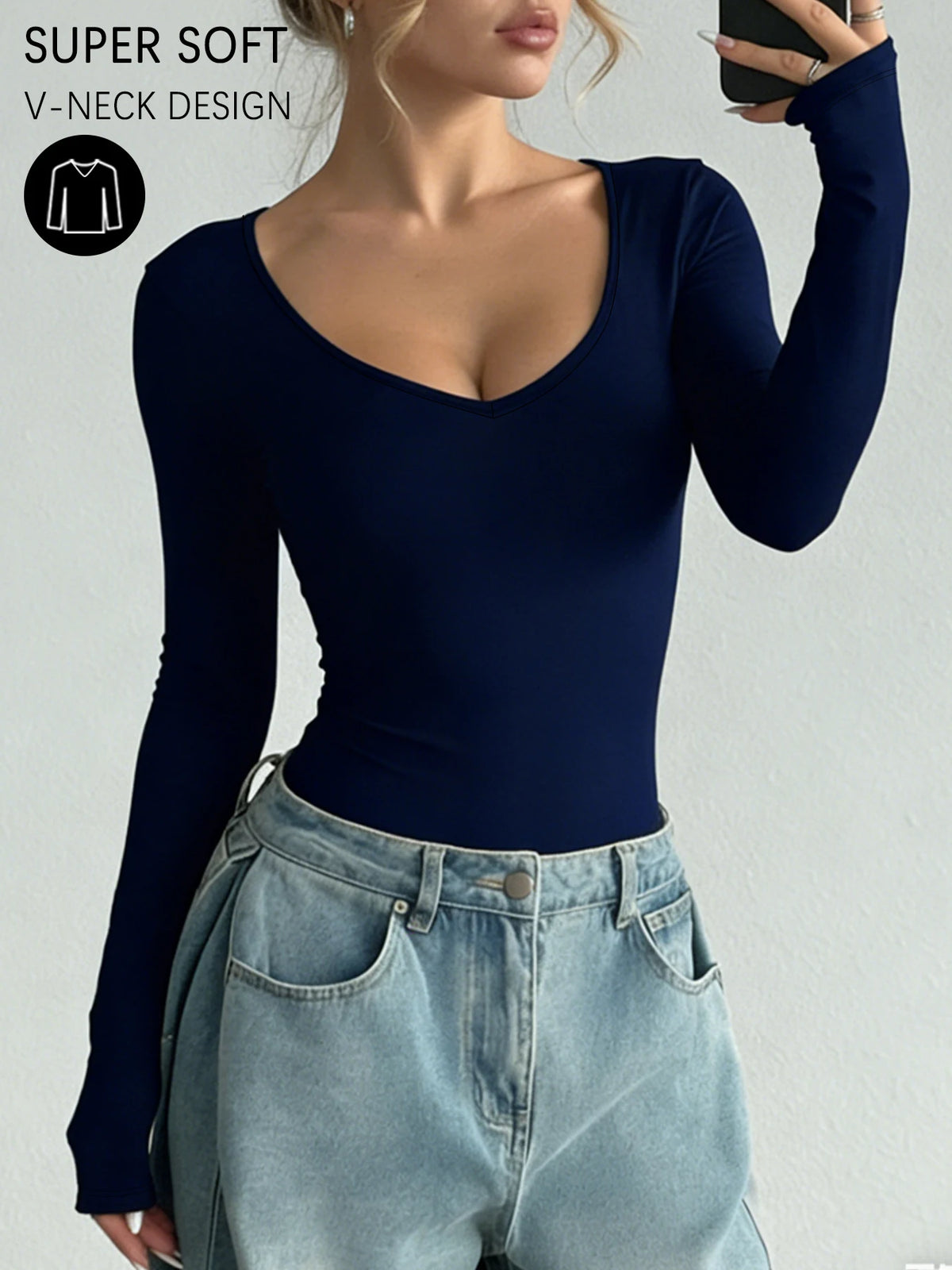 Camiseta de manga larga para mujer, cuello en V súper suave y muy elástico, ajuste para todas las estaciones
