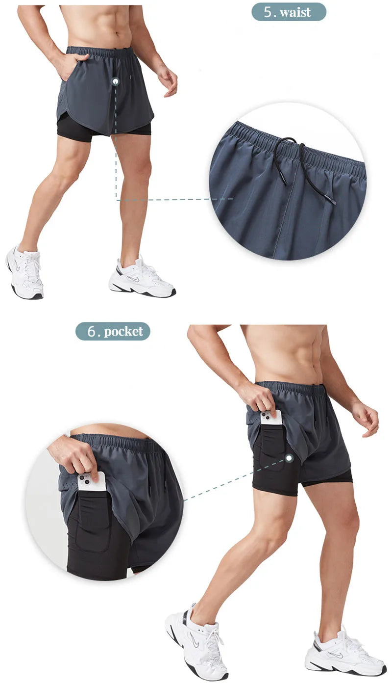 Pantalones cortos para correr para hombre, pantalones cortos negros de doble capa para Fitness de secado rápido, nuevos pantalones cortos deportivos para entrenamiento y culturismo