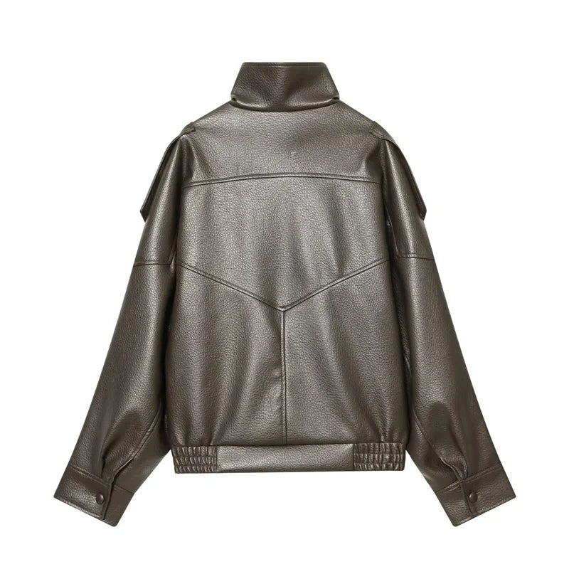 Chaqueta de Mujer Otoño 2026, Nueva Chaqueta Negra de Manga Larga de Cuero Sintético con Textura Granulada, Estilo Motociclista, a la Moda y con Personalidad