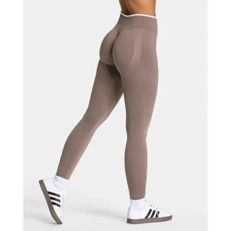 Nuevos leggings de yoga para mujer con bloques de color, mallas sin costuras de punto, cintura alta, efecto levantacola, para gimnasio y entrenamiento, con borde blanco, leggings deportivos.