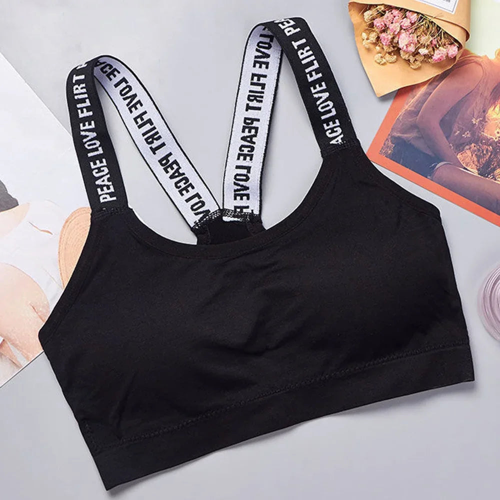 Ropa interior deportiva para mujer, top corto sin costuras para yoga y fitness, con tirantes anchos con letras, cómodo para entrenamiento, ropa deportiva sin aros en la espalda