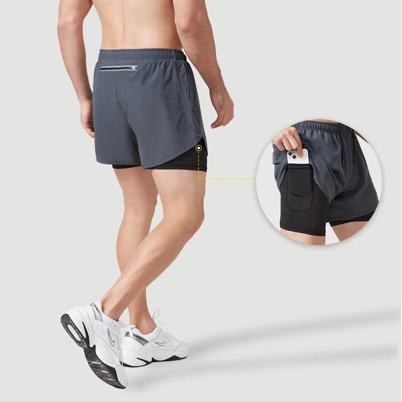 Pantalones cortos para correr para hombre, pantalones cortos negros de doble capa para Fitness de secado rápido, nuevos pantalones cortos deportivos para entrenamiento y culturismo