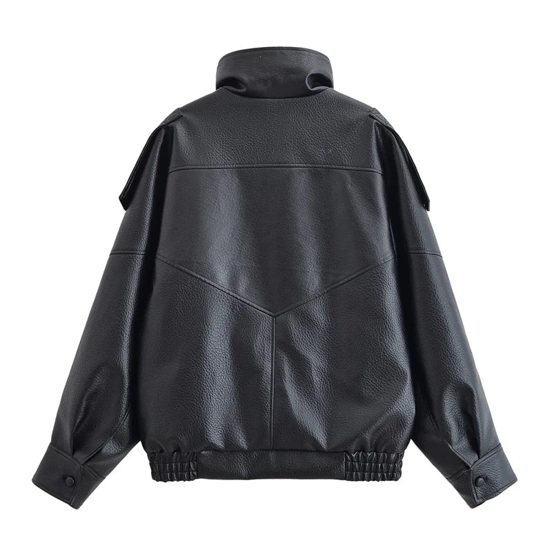 Chaqueta de Mujer Otoño 2026, Nueva Chaqueta Negra de Manga Larga de Cuero Sintético con Textura Granulada, Estilo Motociclista, a la Moda y con Personalidad