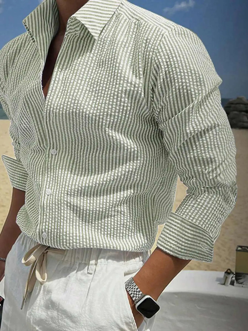 Camisa de Manga Larga a Rayas para Hombre, Corte Holgado, Elegante, Cómoda, Informal, para Todas las Temporadas, Ideal para Actividades al Aire Libre