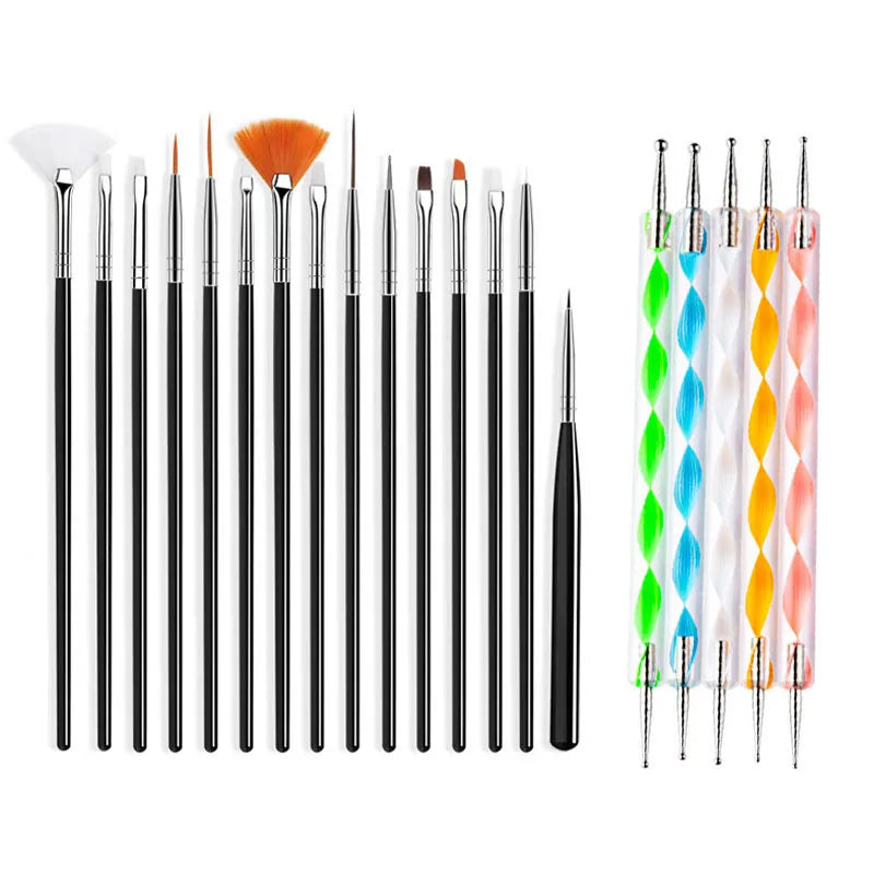 Juego de pinceles para decoración de uñas, 20/15 unidades, polvo líquido para manicura, tallado, esmalte de uñas en Gel UV, pluma de pintura, herramienta de construcción de extensión acrílica para uñas