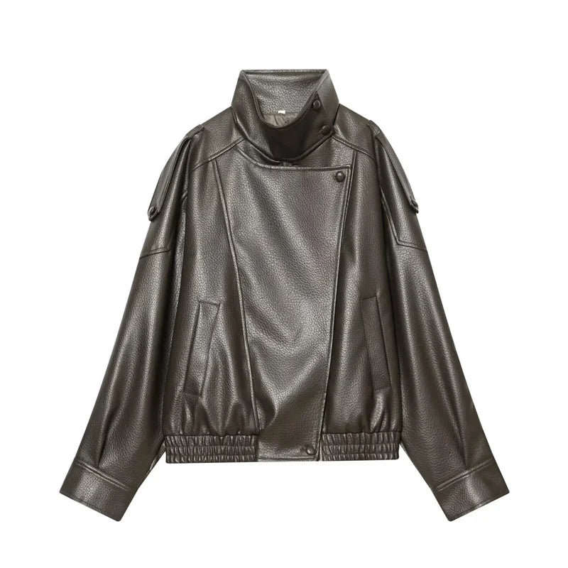 Chaqueta de Mujer Otoño 2026, Nueva Chaqueta Negra de Manga Larga de Cuero Sintético con Textura Granulada, Estilo Motociclista, a la Moda y con Personalidad