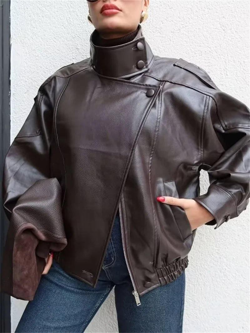 Chaqueta de Mujer Otoño 2026, Nueva Chaqueta Negra de Manga Larga de Cuero Sintético con Textura Granulada, Estilo Motociclista, a la Moda y con Personalidad