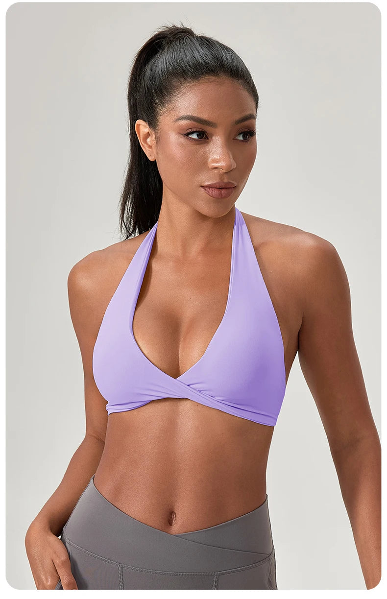Sujetador deportivo de yoga para mujer, cuello halter con diseño de espalda elegante, sujetador de gimnasio sexy para correr, sujetadores deportivos de fitness