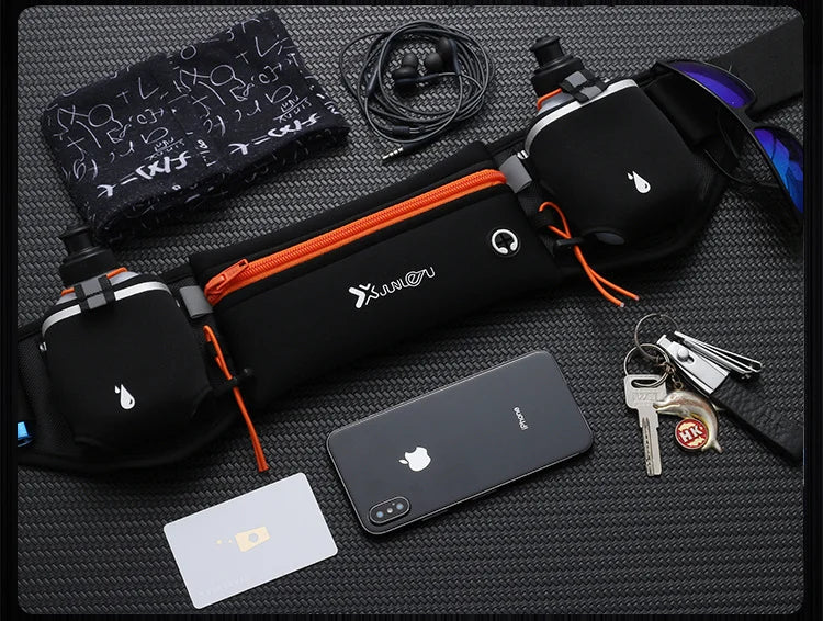 Riñonera deportiva para hombre/mujer, riñonera para correr, maratón, botella de agua para teléfono, riñonera deportiva, cinturón para correr con dos bolsillos