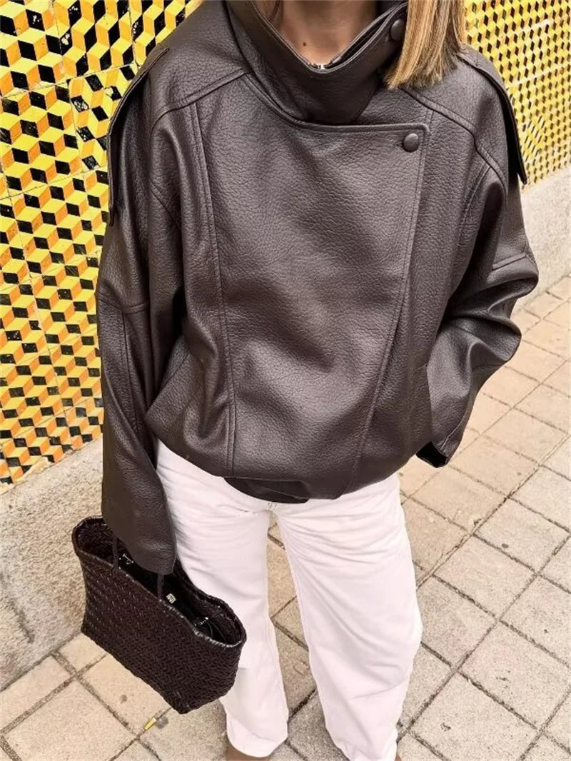 Chaqueta de Mujer Otoño 2026, Nueva Chaqueta Negra de Manga Larga de Cuero Sintético con Textura Granulada, Estilo Motociclista, a la Moda y con Personalidad