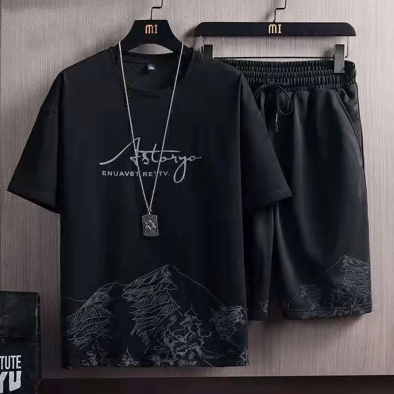 Traje deportivo informal de seda helada para hombre, sudadera estampada, pantalones de chándal para correr al aire libre, deportes, entrenamiento de baloncesto, traje de Fitness de 2 piezas