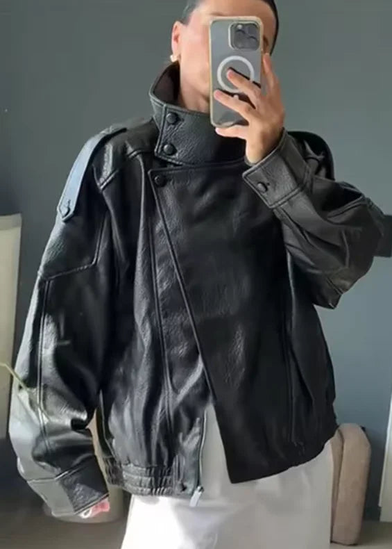 Chaqueta de Mujer Otoño 2026, Nueva Chaqueta Negra de Manga Larga de Cuero Sintético con Textura Granulada, Estilo Motociclista, a la Moda y con Personalidad