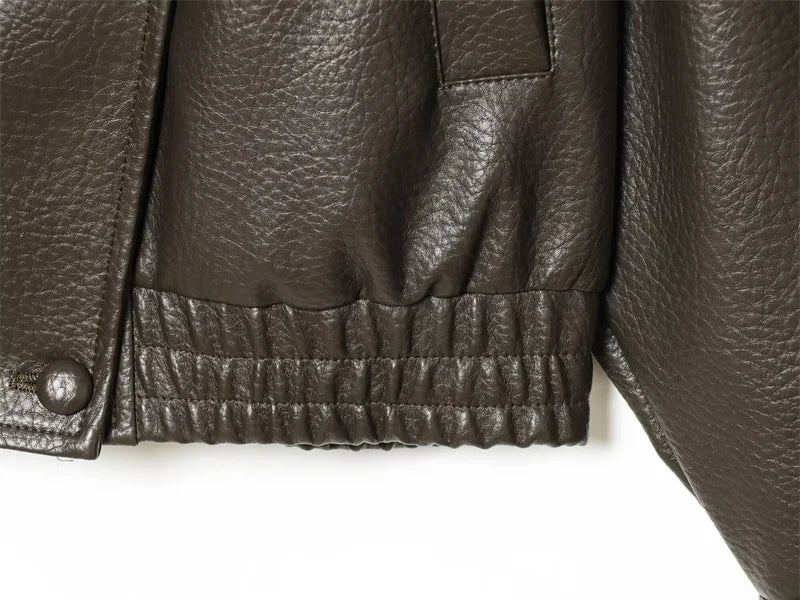 Chaqueta de Mujer Otoño 2026, Nueva Chaqueta Negra de Manga Larga de Cuero Sintético con Textura Granulada, Estilo Motociclista, a la Moda y con Personalidad
