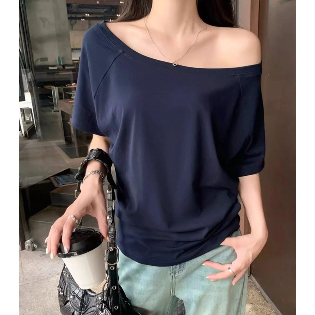 Otoño Invierno un hombro algodón manga larga hombro inclinado ropa de mujer estilo Interior ancho trufa hombro Base camisa