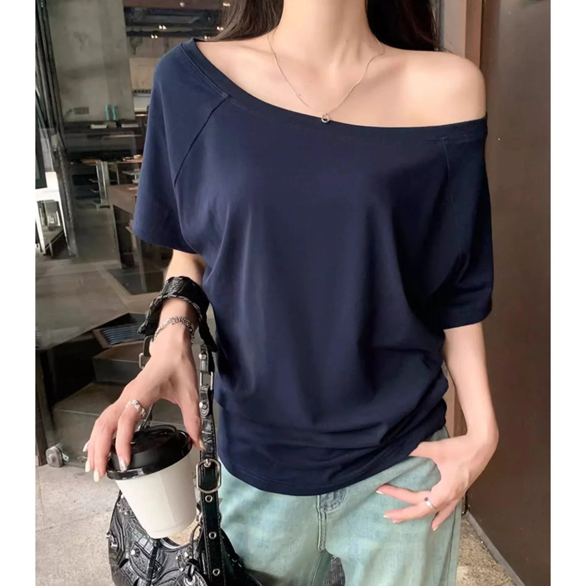 Otoño Invierno un hombro algodón manga larga hombro inclinado ropa de mujer estilo Interior ancho trufa hombro Base camisa