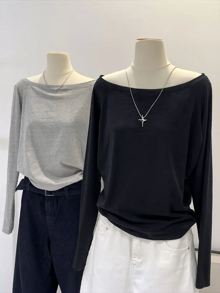 Camiseta de manga larga con hombros descubiertos para mujer, Top holgado Sexy con un hombro al descubierto, camisetas básicas informales, blusa Preppy escolar para primavera y otoño