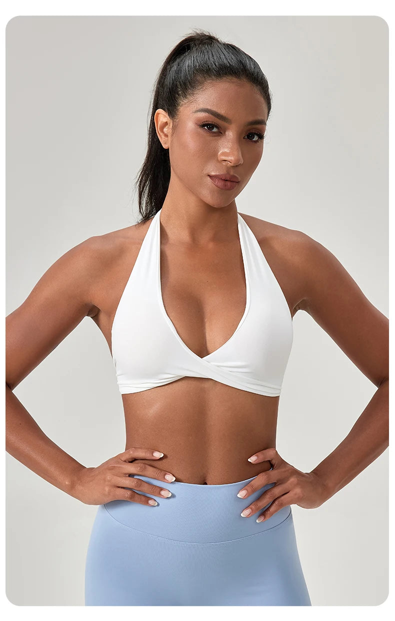 Sujetador deportivo de yoga para mujer, cuello halter con diseño de espalda elegante, sujetador de gimnasio sexy para correr, sujetadores deportivos de fitness