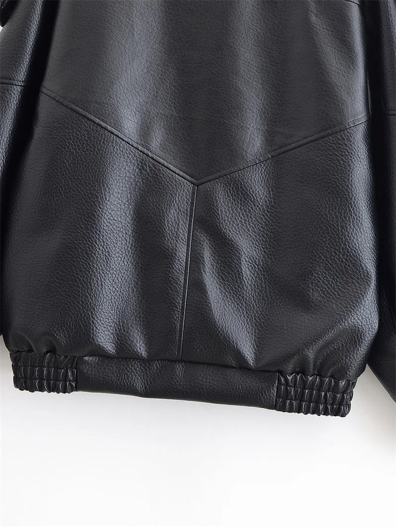 Chaqueta de Mujer Otoño 2026, Nueva Chaqueta Negra de Manga Larga de Cuero Sintético con Textura Granulada, Estilo Motociclista, a la Moda y con Personalidad