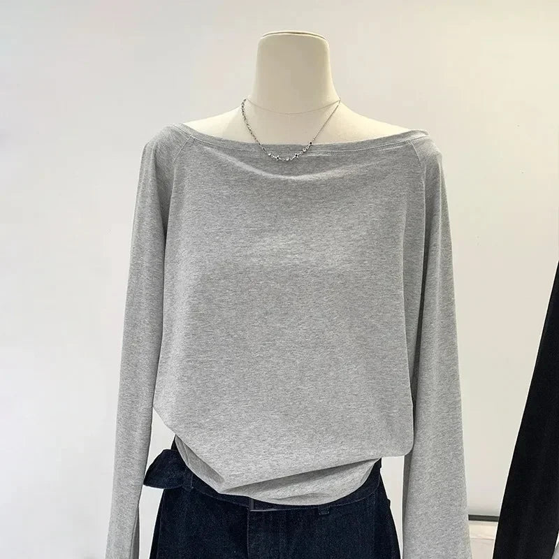 Otoño Invierno un hombro algodón manga larga hombro inclinado ropa de mujer estilo Interior ancho trufa hombro Base camisa